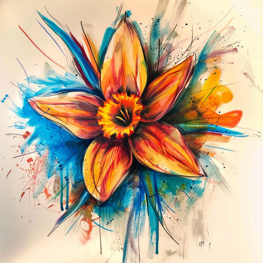 Expressionist narcissus flower tattoo on white canvas