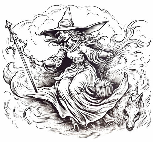 Witch on a broom, captivating, stencils, line drawings