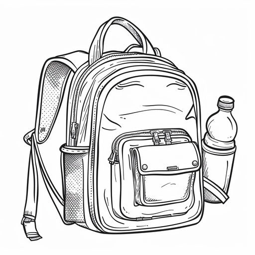 Backpack and water bottle drawn in simple and bold outline