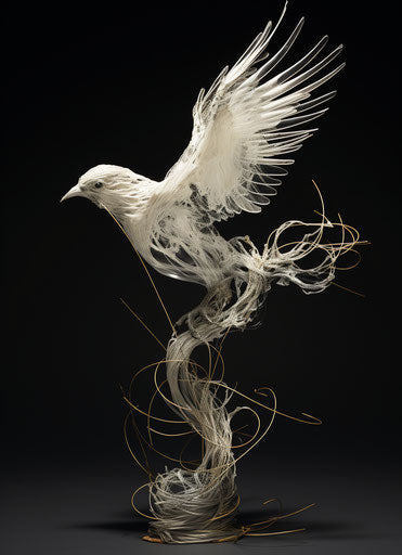Bird sculpture flying on white surface, graphic style