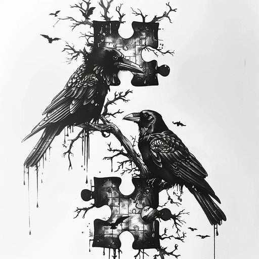 Gothic puzzle piece tattoo with ravens and thorns on white background