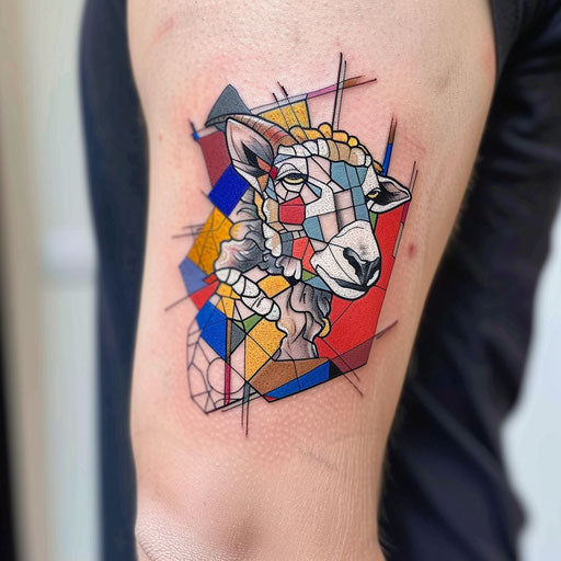 Abstract flat tattoo sketch with a sheep in colorful mosaic