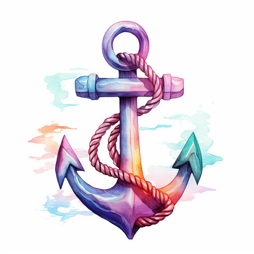 Anchor with rope on white background, gradient style, colorful watercolors