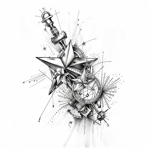 Sketch of a celestial navigation tattoo, stars and sextant, for a naval officer, on a pure white background