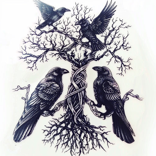 Detailed black Nordic tattoo with Odin's ravens and Yggdrasil