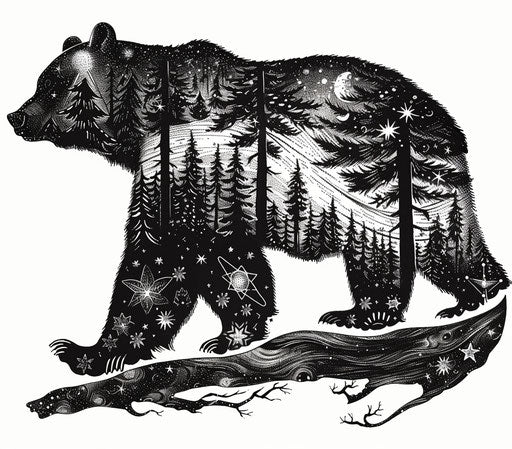 Bear tree forest in cosmic black-and-white style