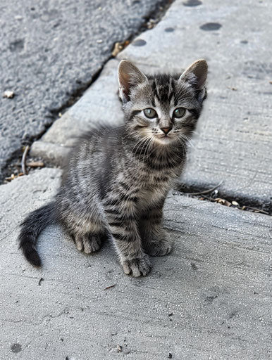 The kitten sitting on the sidewalk, quiet potency