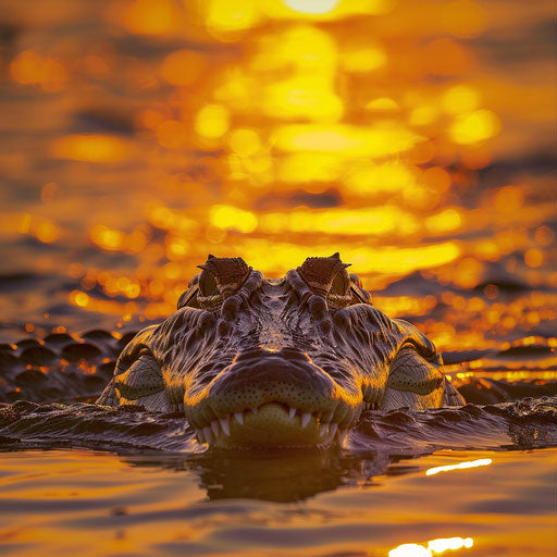 Crocodile emerging from water under golden sunset