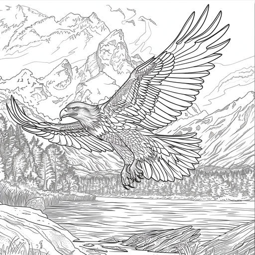Eagle flying over lake with mountains. Coloring book page