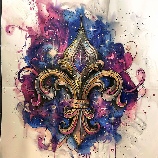 Cosmic tattoo sketch of a fleur de lis with starry night sky patterns and deep space colors