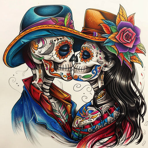 Chicano art Day of the Dead couple tattoo sketch