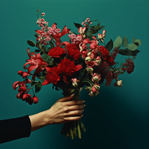 Flower bouquet on blue background, floralpunk style, bold and graceful