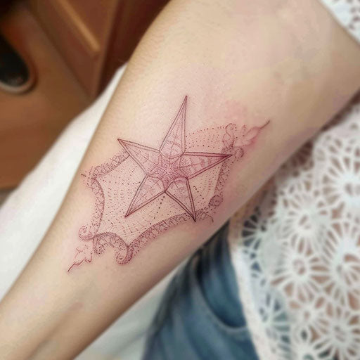Nautical star tattoo with pink and white lace pattern