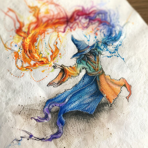 Fantasy fire tattoo, a wizard casting fire spells