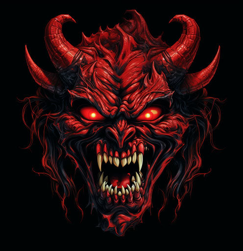 Red devil head on black background, exaggerated caricature