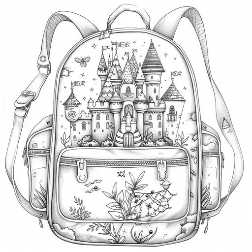 Whimsical backpack with fairy tale castle and characters inside