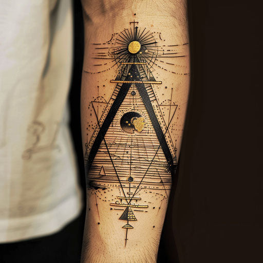 Elegant sketch of a pyramid tattoo with art deco elements, in gold and black colors