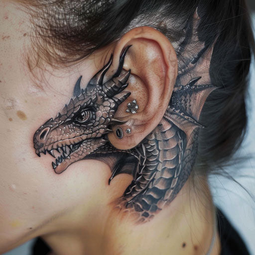 Ear tattoos in the style of Glenn Fabry with realistic dragons
