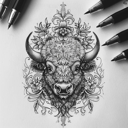 Elegant bison tattoo sketch in flat style with intricate floral patterns