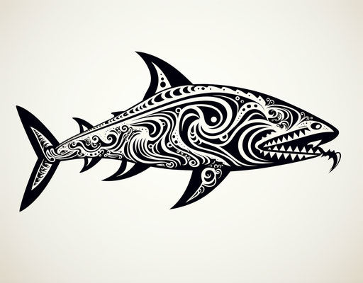Black and white tribal tattoo with shark, decorative style