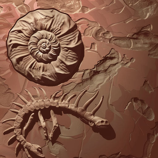 Flat background in deep maroon supporting fossil clipart in a photo realistic depiction, accented with dynamic shadows and bright highlights