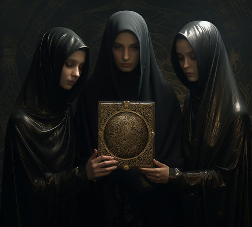 Woman, girl and girl in dark holding a book, hurufiyya style, beautiful