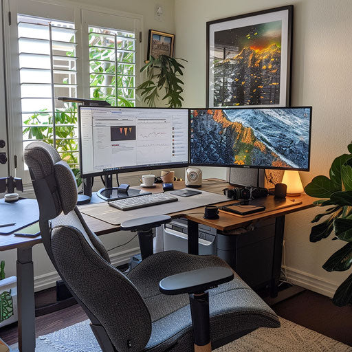 Productive work-from-home setup with dual monitors, comfortable chair, and organized desk