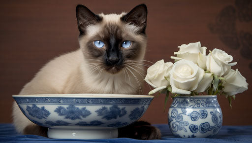 Siamese cat in basket on bed