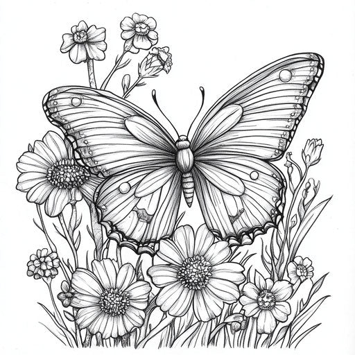 Playful butterfly with flowers, in the style of Teagan White, Coloring book page