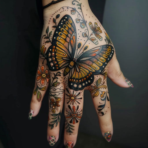 Butterfly hand with floral tattoo designs