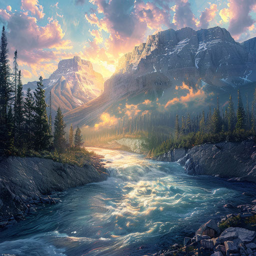 Mountain tunnel with river flowing through, in the style of William Patino