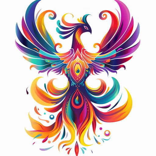 Flat tattoo sketch of phoenix rising from flames, vivid colors