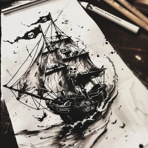 Bold graphic tattoo sketch of a pirate ship with black sails and skull flags