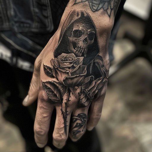 Rose hand tattoo in David Palumbo style with warrior and rose