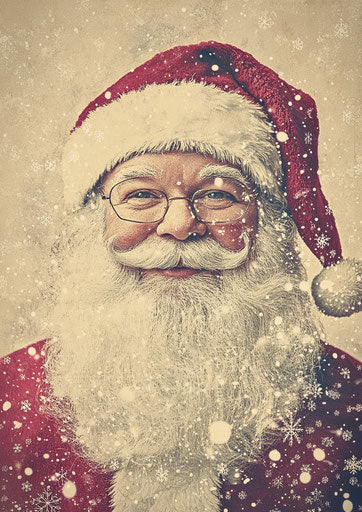Vintage Santa Claus portrait, Christmas background, snowflakes, red hat and white beard, vintage poster style