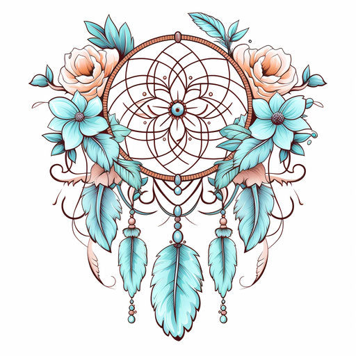 Dream catcher drawing on white background with flowers