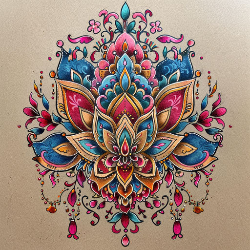 Neo-traditional tattoo sketch of a colorful and intricate Mehndi pattern