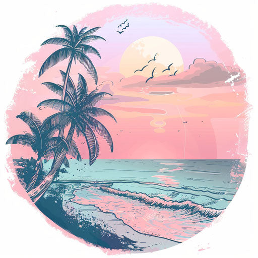 Serene beach scene in pastel-toned flat clipart style