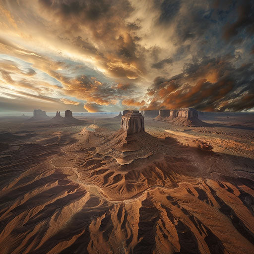 Aerial view of Monument Valley with dramatic clouds
