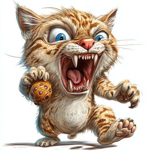 Humorous caricature of a wildcat caricature clipart with human characteristics, exaggerated wide mouth, expressive hands, playing with a toy, vibrant colors, cartoon style, frowning, high-resolution, isolated