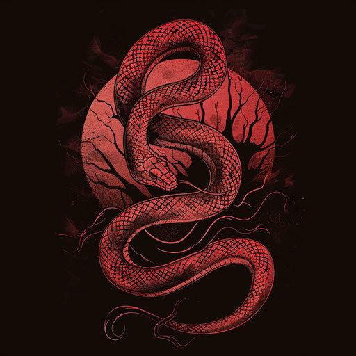 Red snake emerging from shadows, clipart style