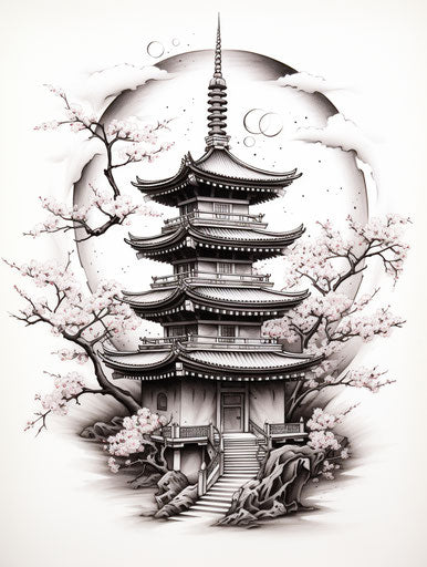 Japanese pagoda in black and white, airbrush art style