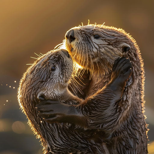 Sea otters grooming fur in golden sunset light, a keystone species
