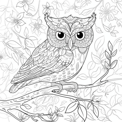 A cute owl perched on a branch. Coloring book page