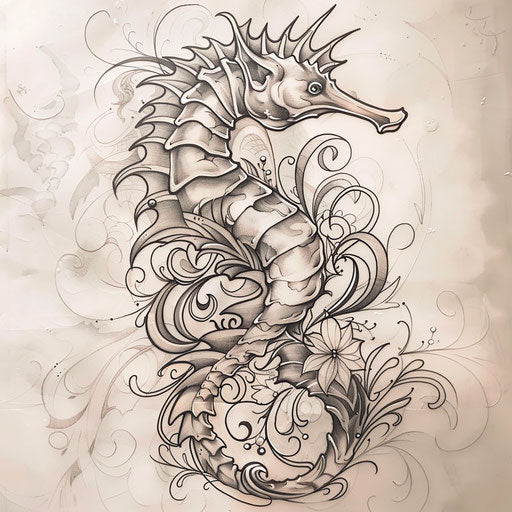 Art Nouveau inspired seahorse tattoo sketch