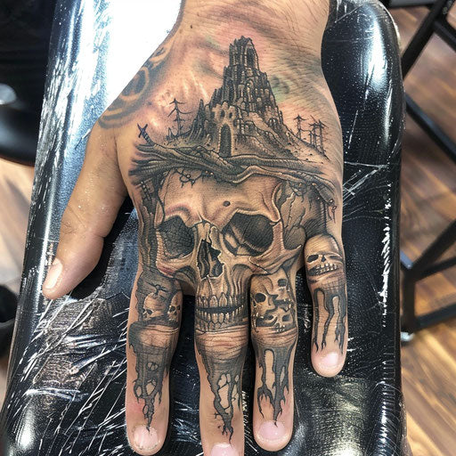 Skull hand tattoo in the style of Peter Jackson with hobbit themes