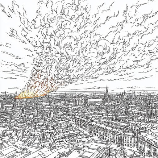 Fire over a city at sunset, detailed and realistic