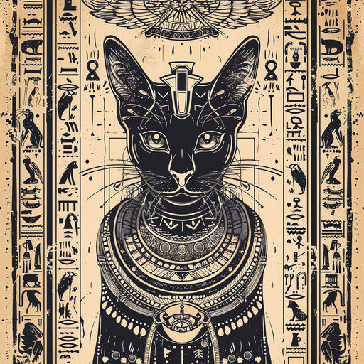 Intricate flat tattoo sketch with Bastet surrounded by hieroglyphic patterns