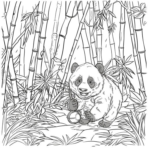 Panda playing with a ball in a bamboo forest