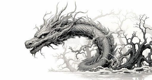 Traditional art: dragon and sword in black and white